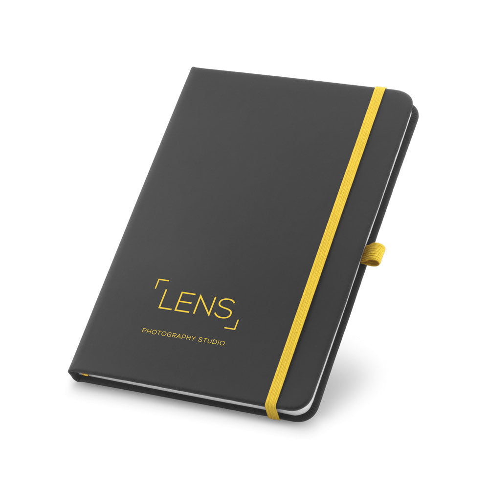 CORBIN - Caderno A5 Capa Dura Preta Pautado com Elástico e Suporte de Caneta Colorido - Ref. 93717