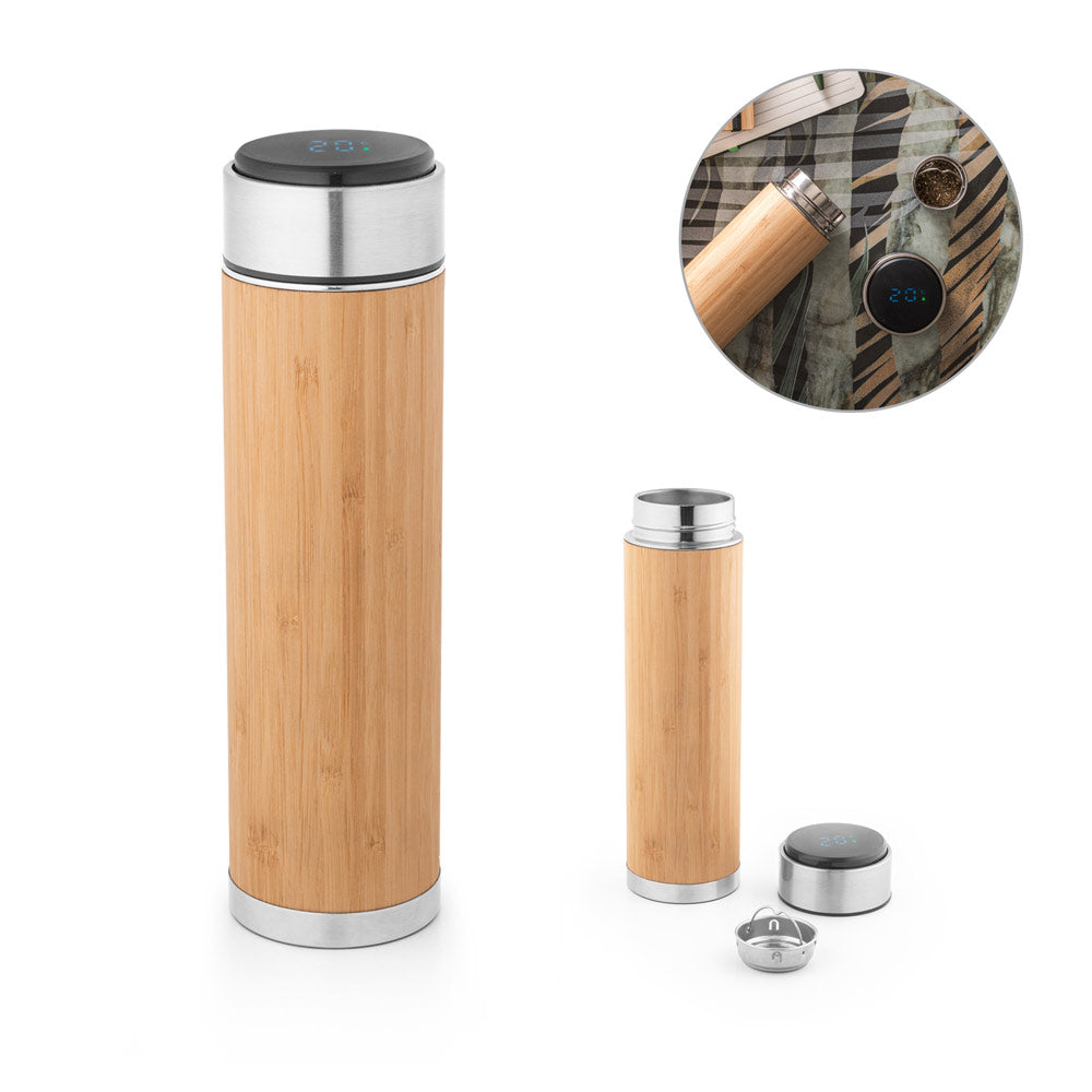 JOSHUA - Garrafa Térmica em Aço Inox e Bambu com Termômetro Digital - 430ml - Ref. 94296