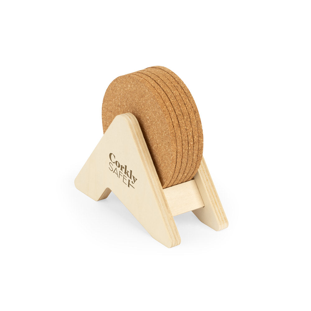 PLYCORK - Kit 6 Porta Copos em Cortiça e Suporte em Madeira - Ref. 94368