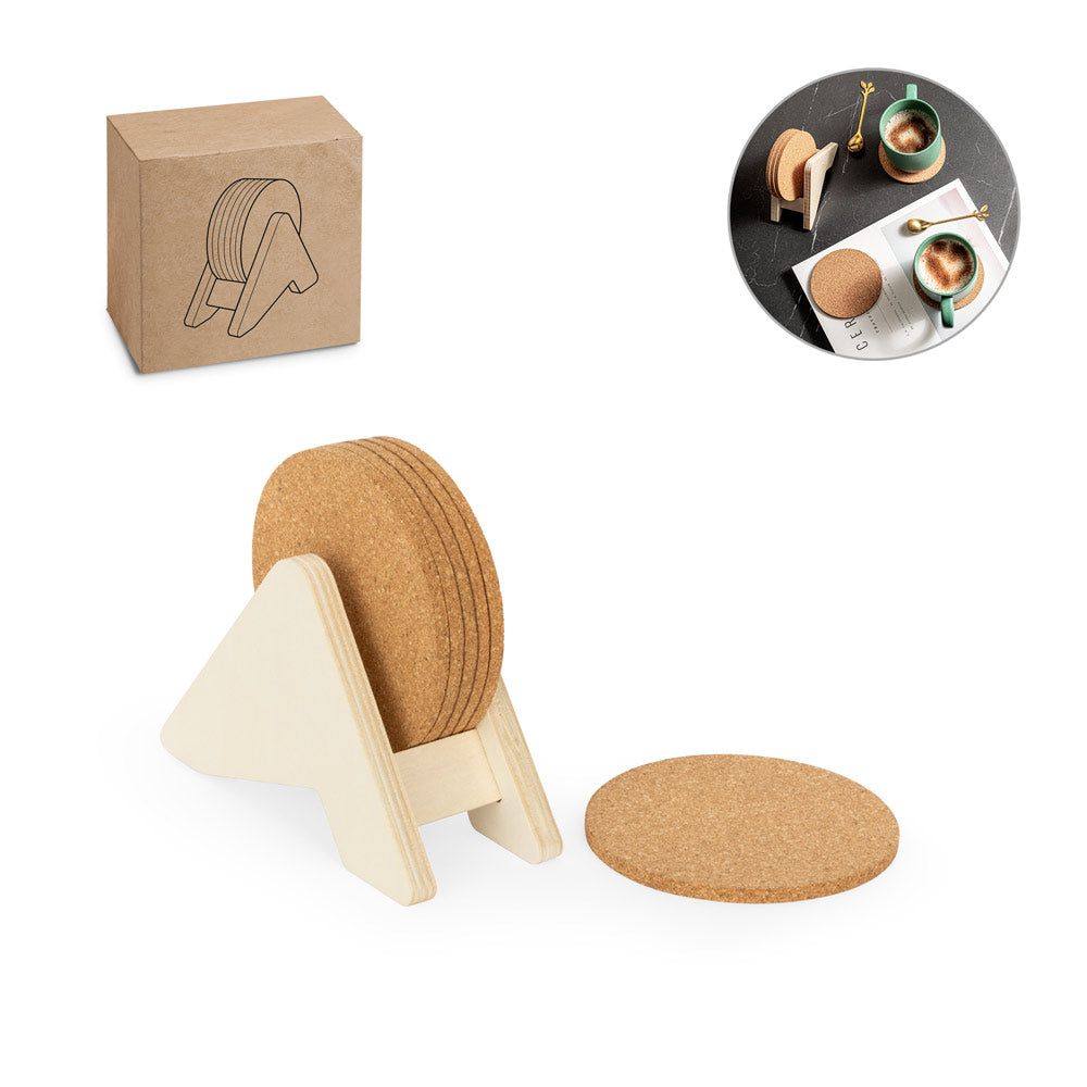 PLYCORK - Kit 6 Porta Copos em Cortiça e Suporte em Madeira - Ref. 94368