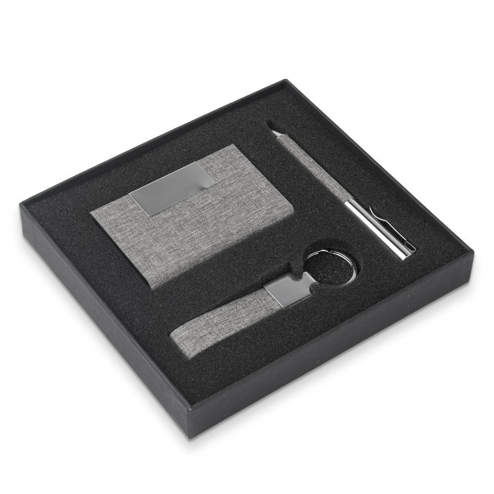 Kit Porta Cartão, Chaveiro e Caneta Metálica em RPET Reciclável - Ref. CJ150