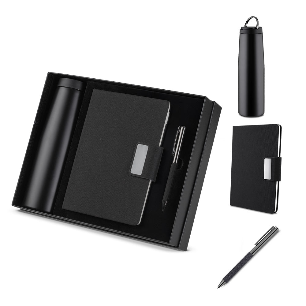 Kit Escritório Caderno, Garrafa e Caneta Metálica - Ref. CJ300