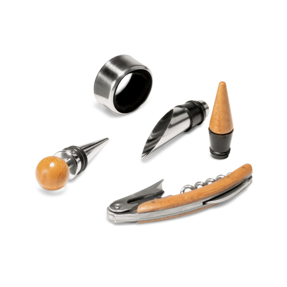 Kit de Acessórios para Vinho - MORETO - 4 Peças - Cortiça, Madeira e Inox - Ref. 94119