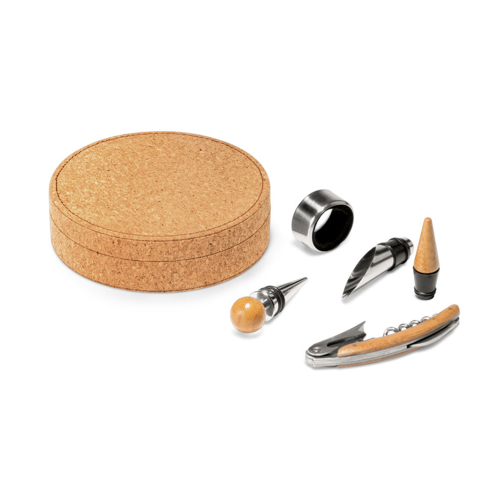 Kit de Acessórios para Vinho - MORETO - 4 Peças - Cortiça, Madeira e Inox - Ref. 94119