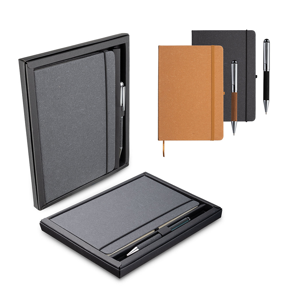 Kit Escritório com Caderno Capa em Couro Reciclado e Caneta Metálica - Ref. CAD180