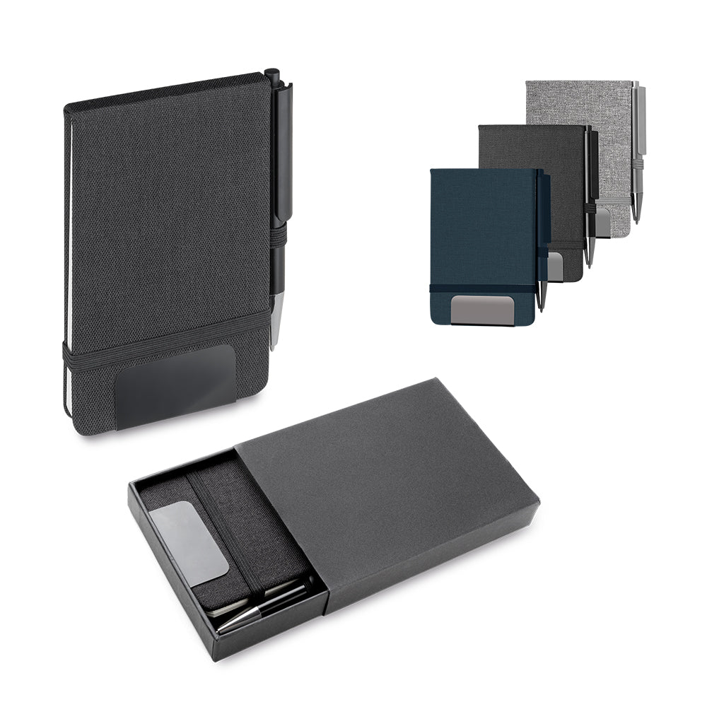 Kit Mini Caderno A6 RPET e Caneta Esferográfica Mini em Alumínio Colorido - Ref. CJ050