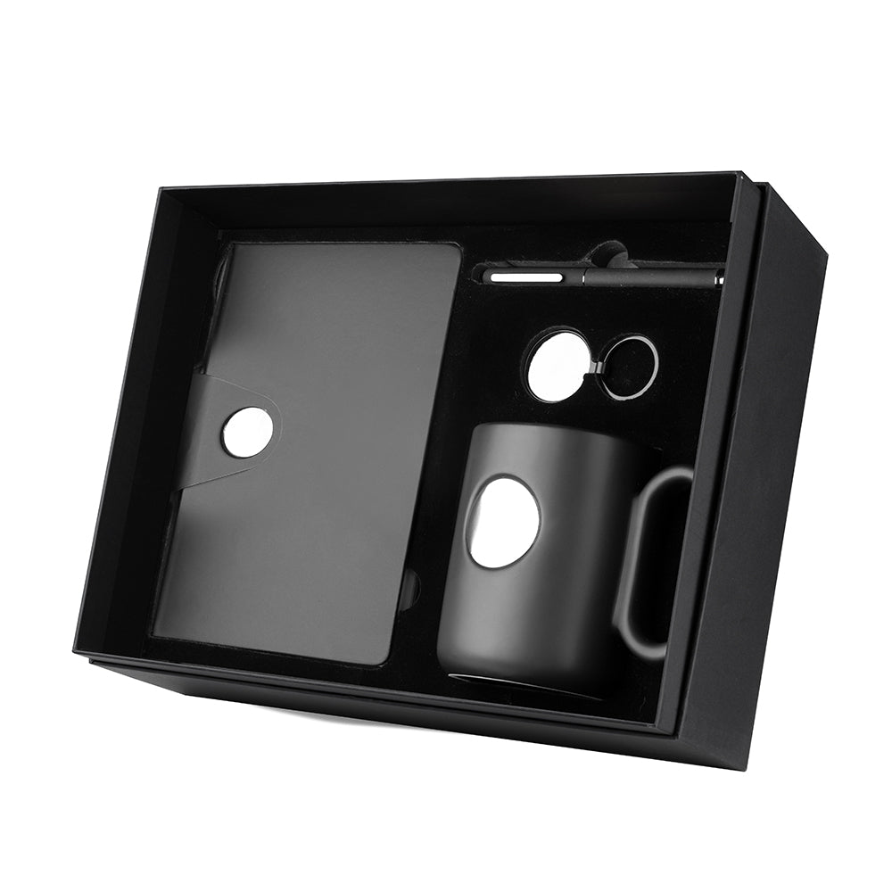 Kit Escritório com Caderno A5 Placa Metálica, Caneta, Chaveiro Metálico e Caneca em Cerâmica - Ref. Cj400