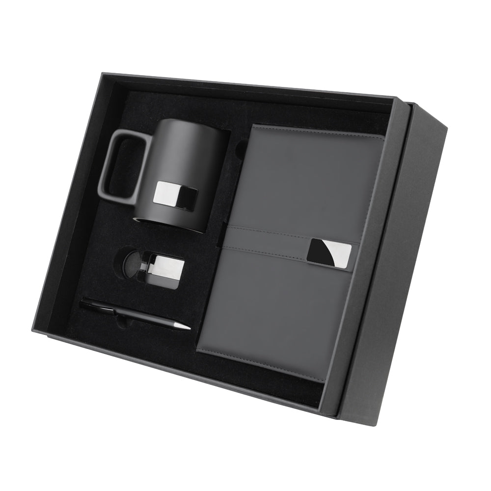Kit Escritório com Caderno, Caneta, Chaveiro Metálico e Caneca em Cerâmica - Ref. CJ415