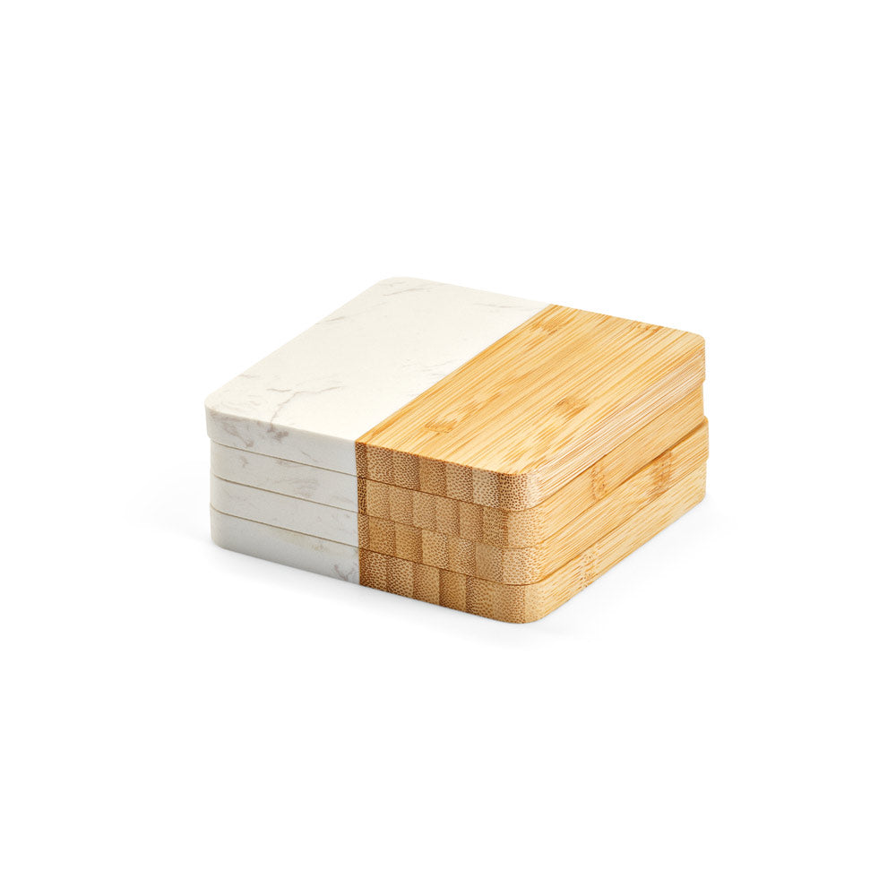 MARBOO CUP - Porta Copo Mármore e Bambu - Kit com 4 Peças - Ref. 94338