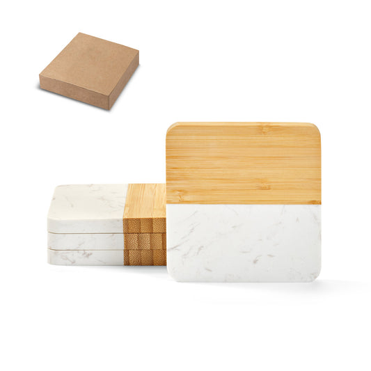 MARBOO CUP - Porta Copo Mármore e Bambu - Kit com 4 Peças - Ref. 94338