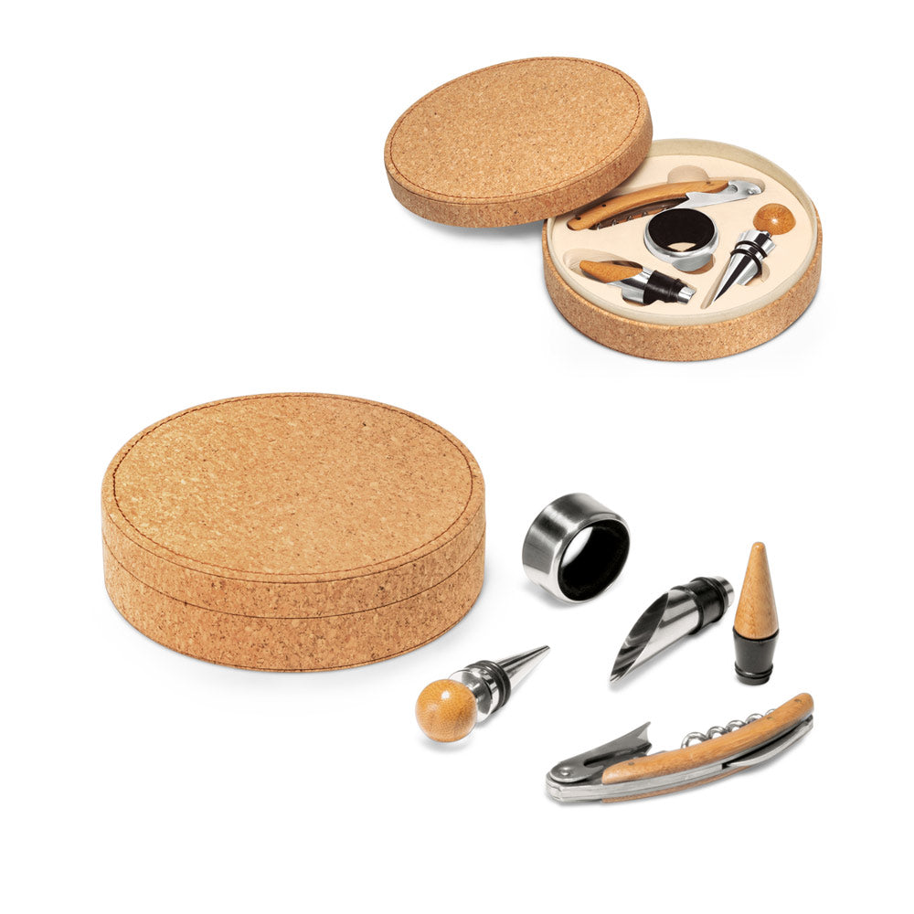 Kit de Acessórios para Vinho - MORETO - 4 Peças - Cortiça, Madeira e Inox - Ref. 94119