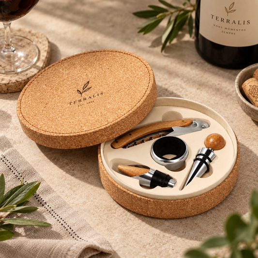 Kit de Acessórios para Vinho - MORETO - 4 Peças - Cortiça, Madeira e Inox - Ref. 94119
