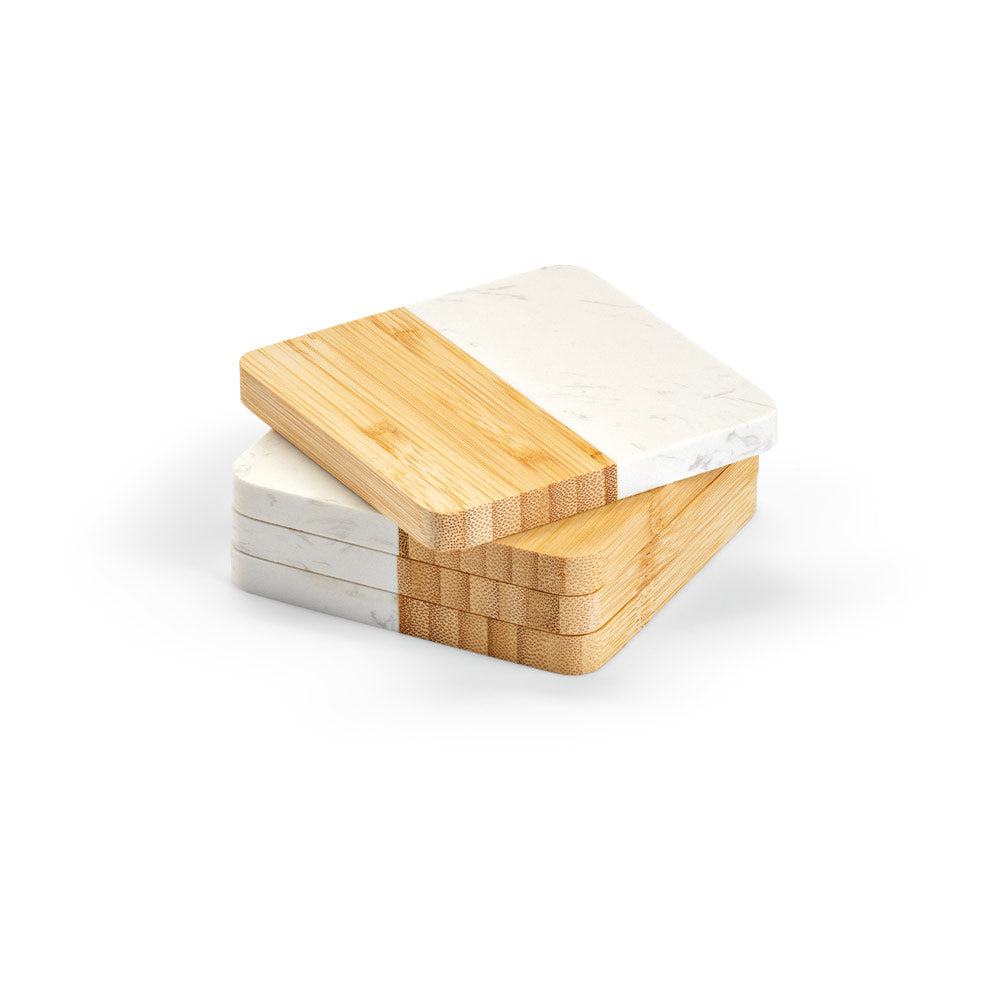MARBOO CUP - Porta Copo Mármore e Bambu - Kit com 4 Peças - Ref. 94338