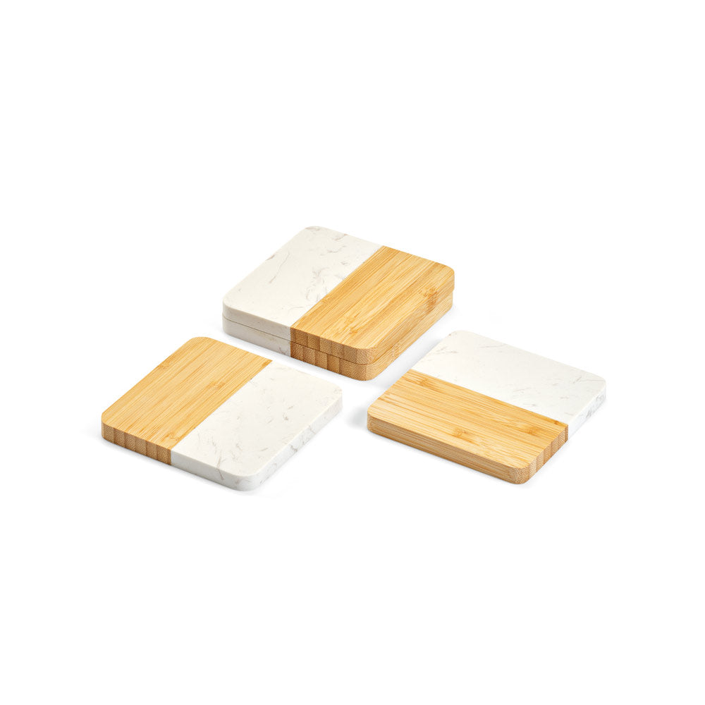 MARBOO CUP - Porta Copo Mármore e Bambu - Kit com 4 Peças - Ref. 94338